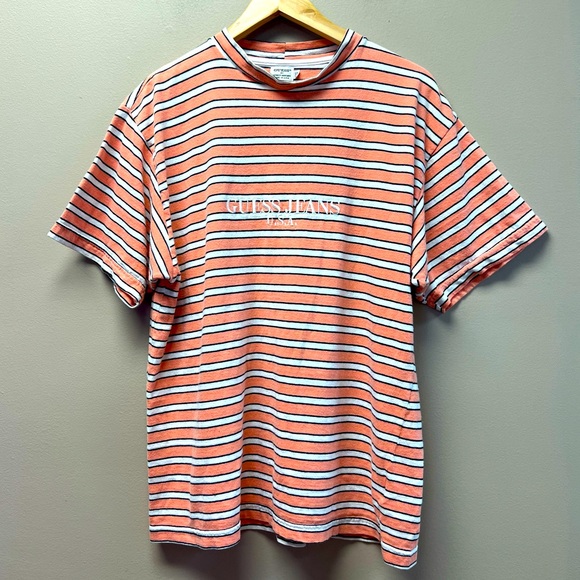 VGT Guess Men's Striped Short Sleeve Loose Fit Tee - Peach and White - Picture 1 of 8